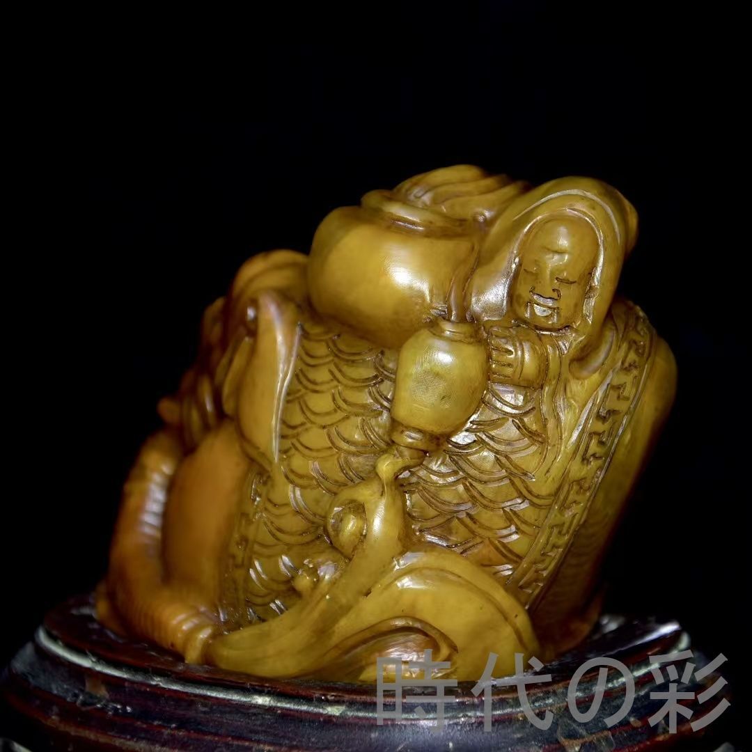 旧蔵 田黄石 古獣置物】老木箱付 寿山石 林皋作 丁卯年 中国古美術