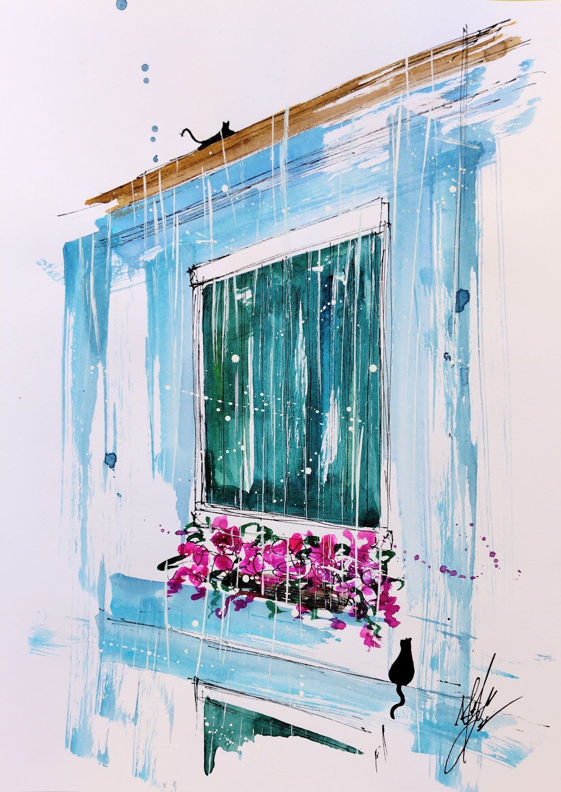 原画#3465 黒猫 薔薇 ベネチア 雨 絵画 水彩画 ドローイング