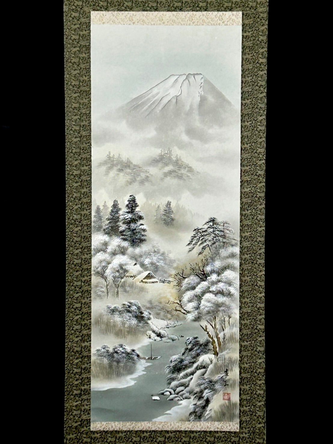 幽玄】時代真作保証和田寿山 肉筆掛軸 風景画 楼閣山水 雪景色 落款