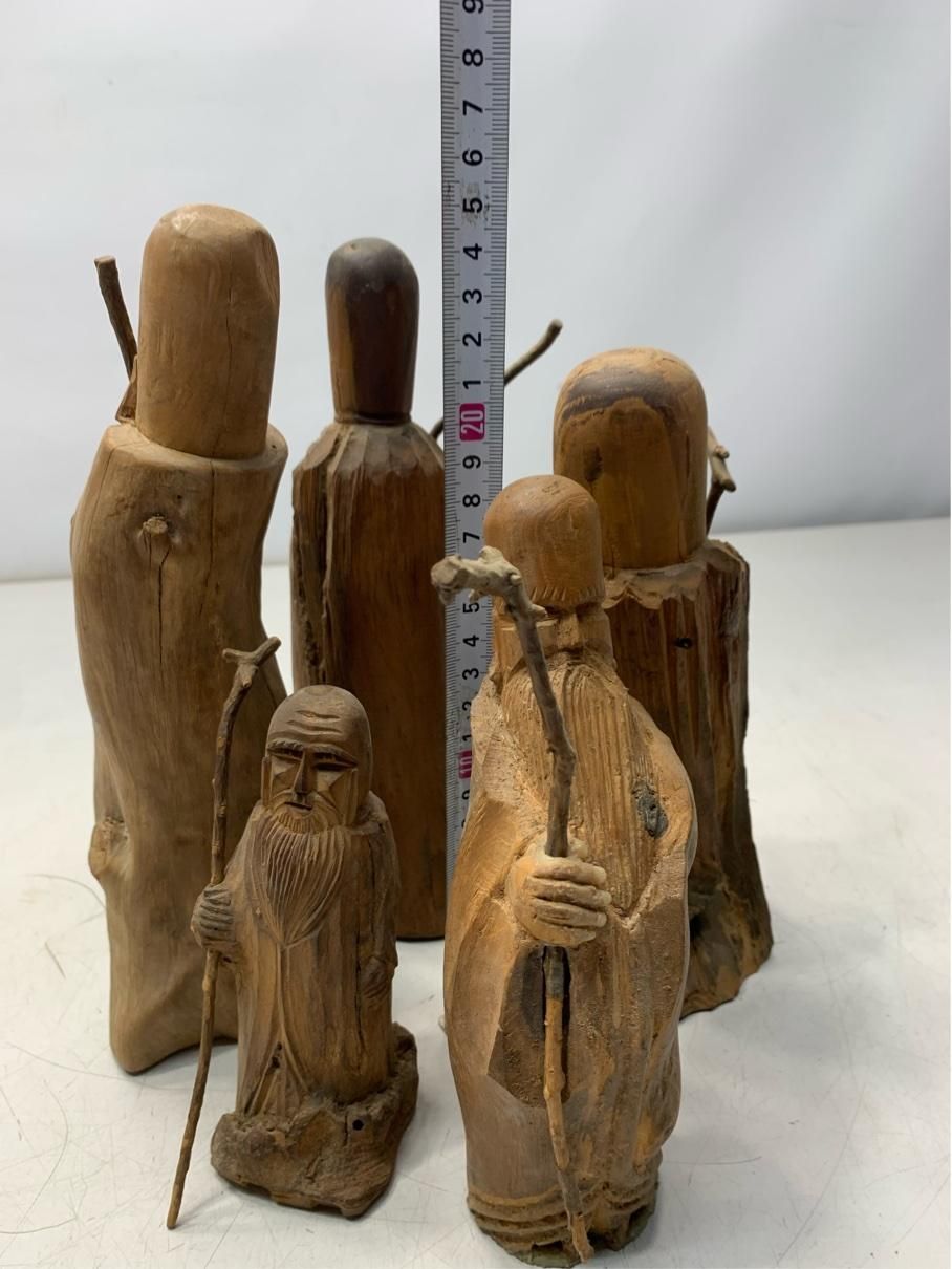 貴重 寿老人 木彫り人形 まとめ売り 5体 福禄寿 縁起物 インテリア