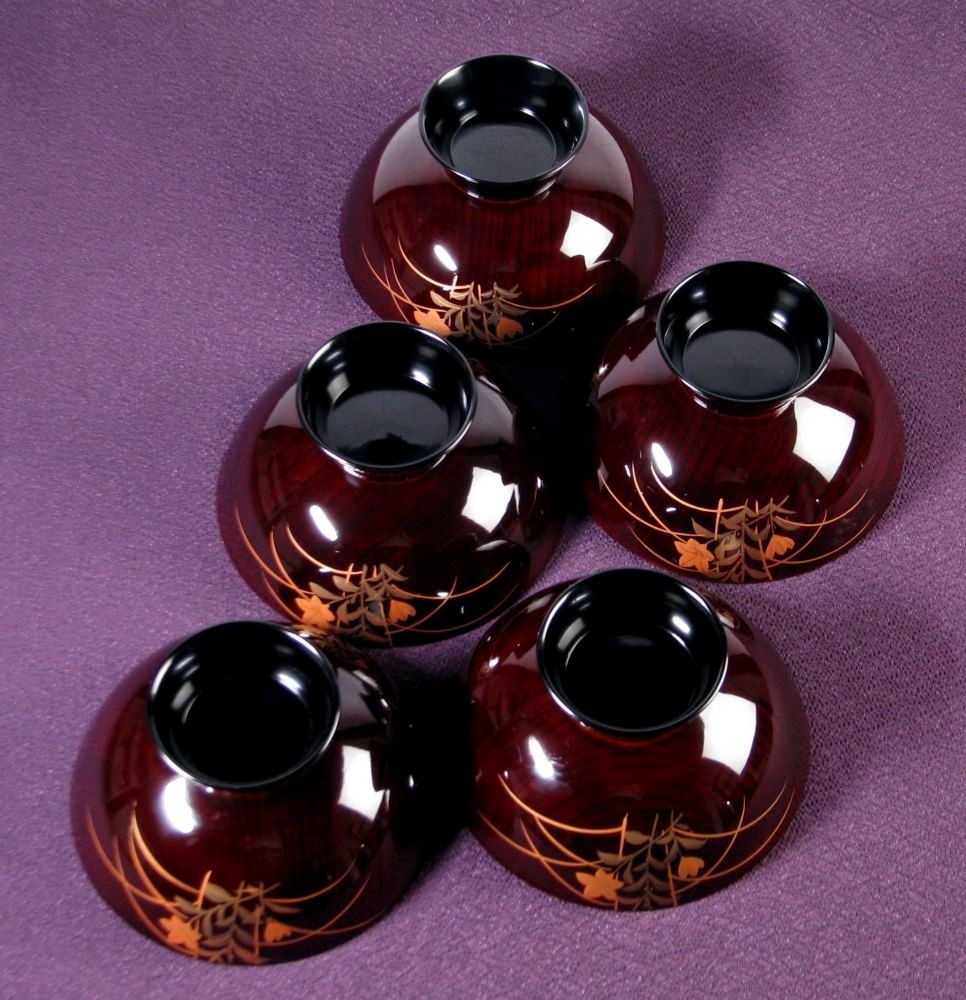 輪島塗 秋草蒔絵吸物椀5客 No2 幅：13cm 美品 共箱・共紙付/26b029