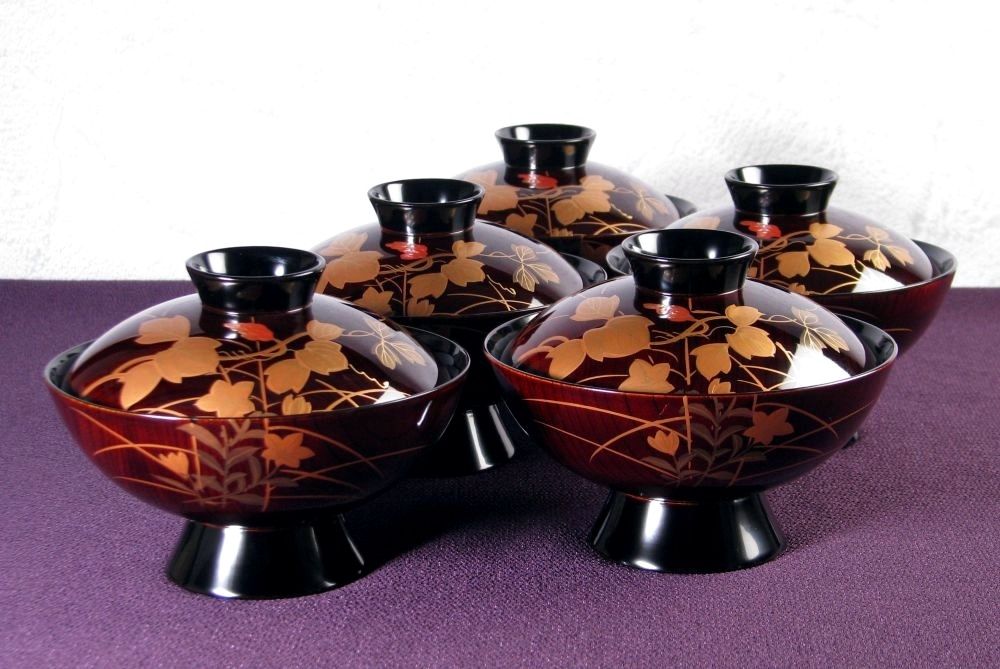 輪島塗 秋草蒔絵吸物椀5客 No2 幅：13cm 美品 共箱・共紙付/26b029