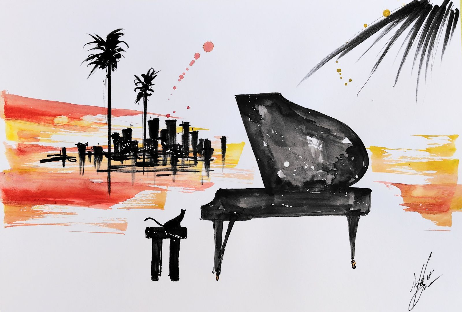 原画#371 黒猫 雪 ピアノ 夕暮れ ロサンゼルス 水彩画 ドローイング
