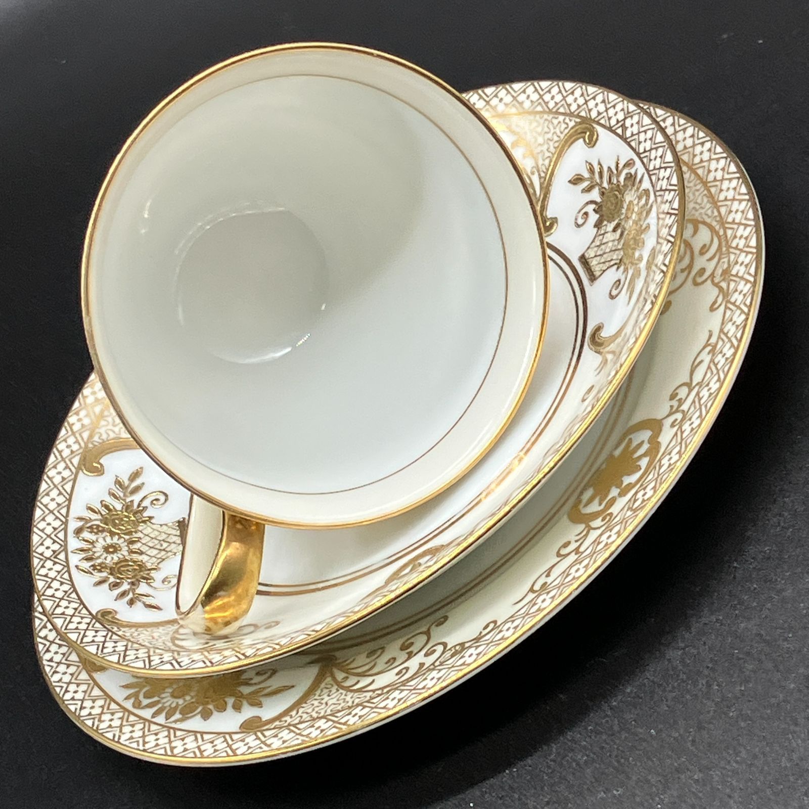 オールドノリタケ ・ 金盛上 花籠装飾図紋 キャビネット トリオ マルキ