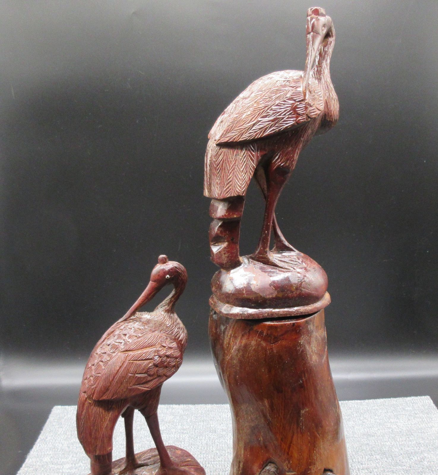 木彫り 彫刻 鶴 つる ツル 2羽 特殊造形台付 置物 アンティーク レア物