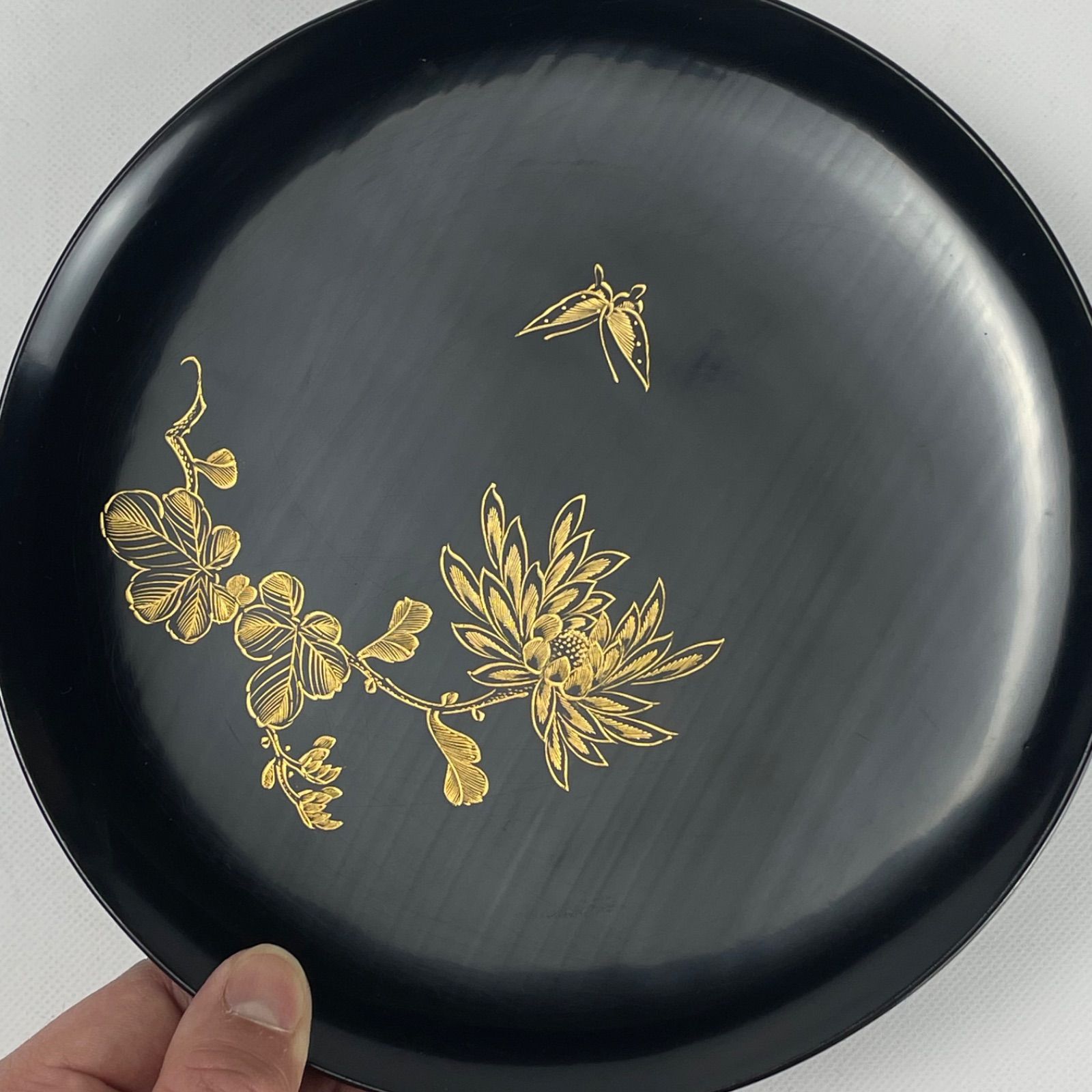 581 黒塗 沈金 輪島塗 骨董 アンティーク 木製本漆塗り 菓子盆 銘々皿