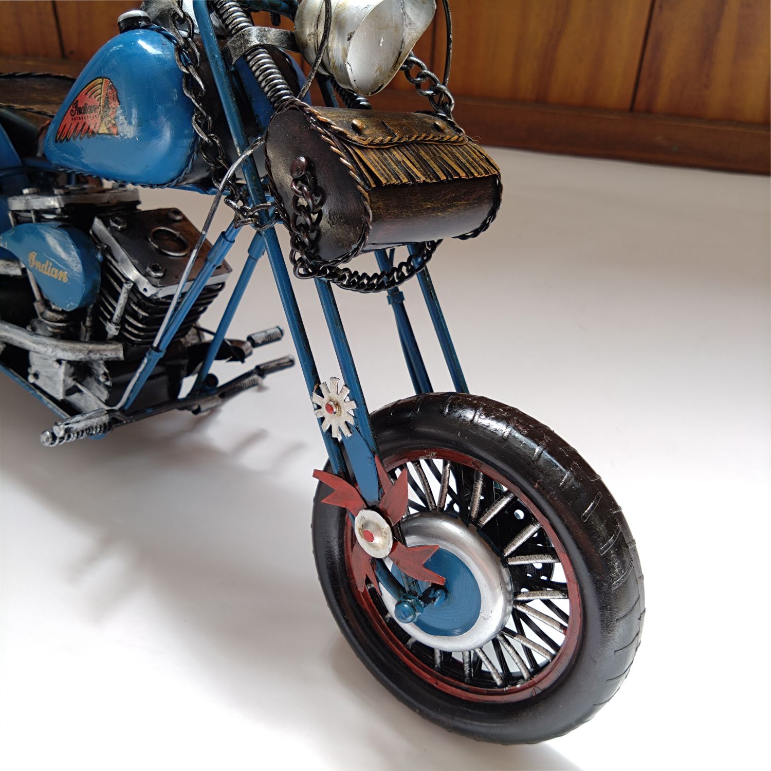 レトロ ブリキバイク オートバイ インディアン 青 42cm ホビー 0073