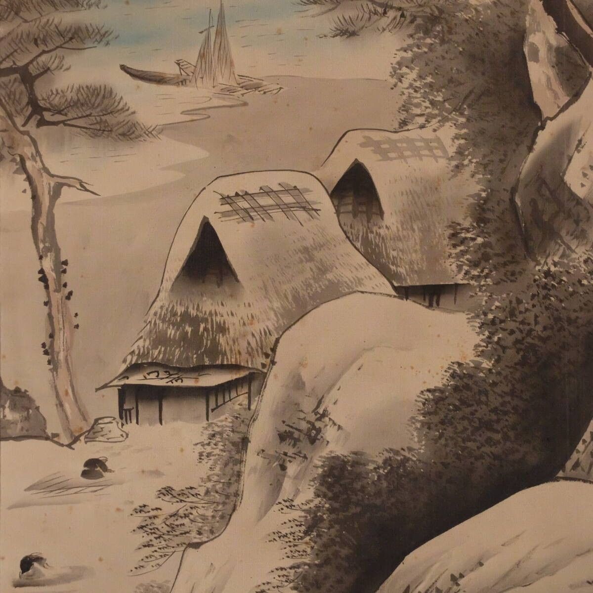 真作保証 川端玉章 軸「山陰漁村図」署名・落款入 画面:1085×415mm 軸