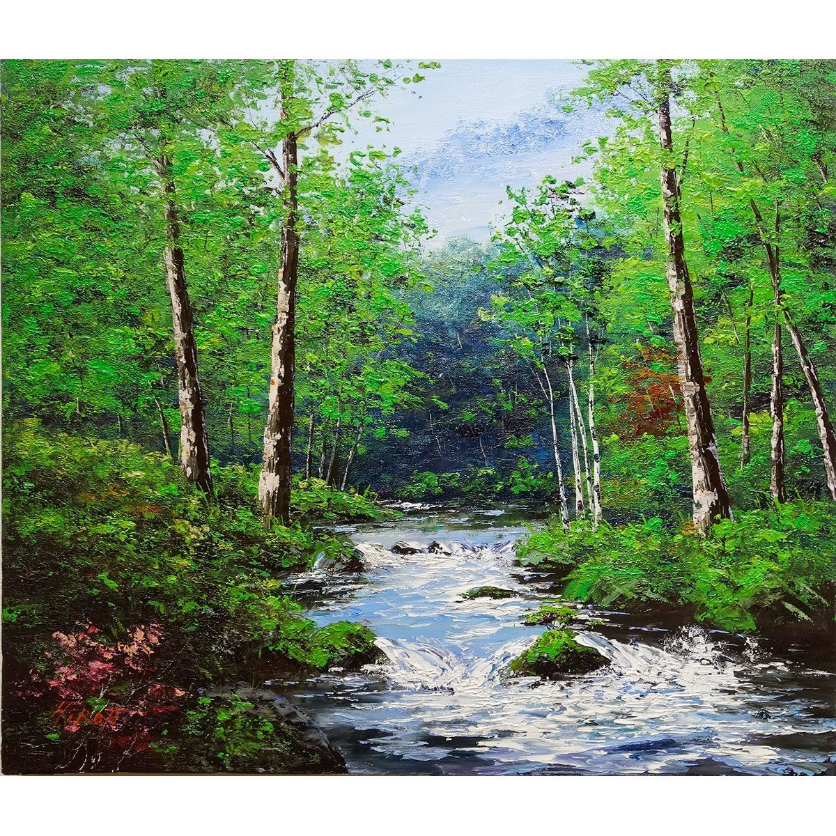 油彩画 西村拡人 「奥入瀬川」 F10号 油絵 額入り 風景画 真筆 肉筆画