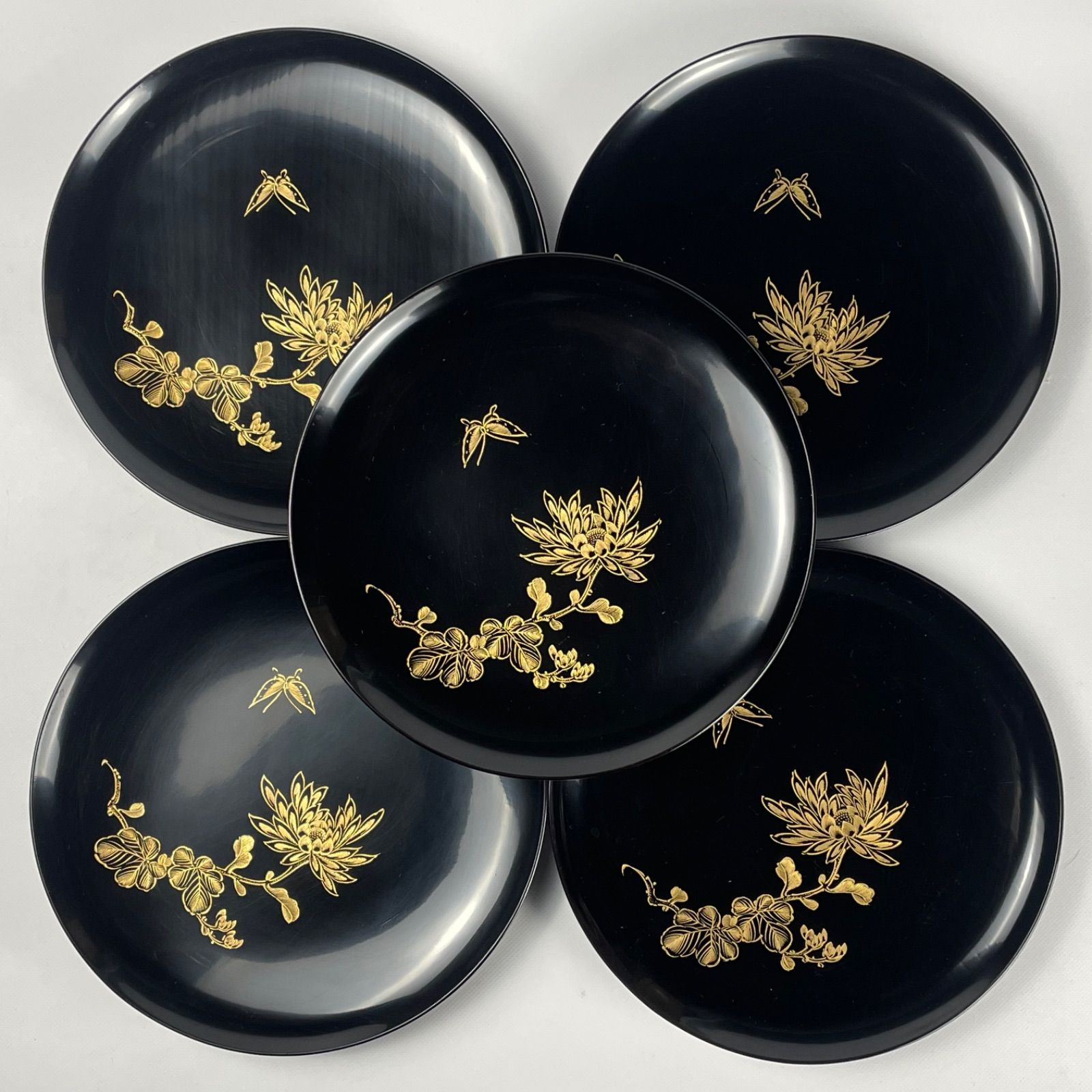 581 黒塗 沈金 輪島塗 骨董 アンティーク 木製本漆塗り 菓子盆 銘々皿