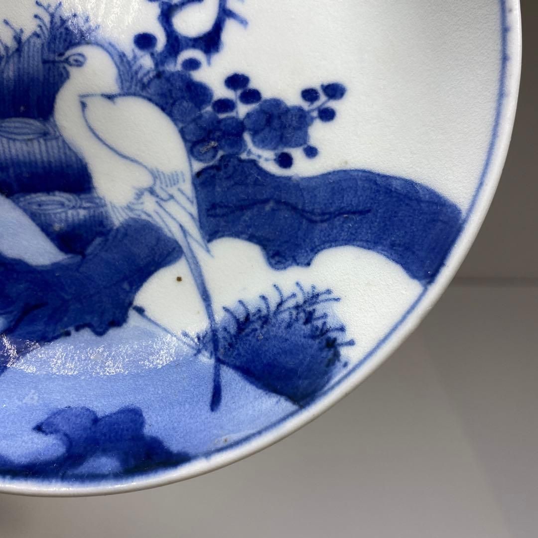 江戸中期 藍九谷上手鷺の図中皿 木箱付 幅約14.5㎝ 東Y6-0910☆2F