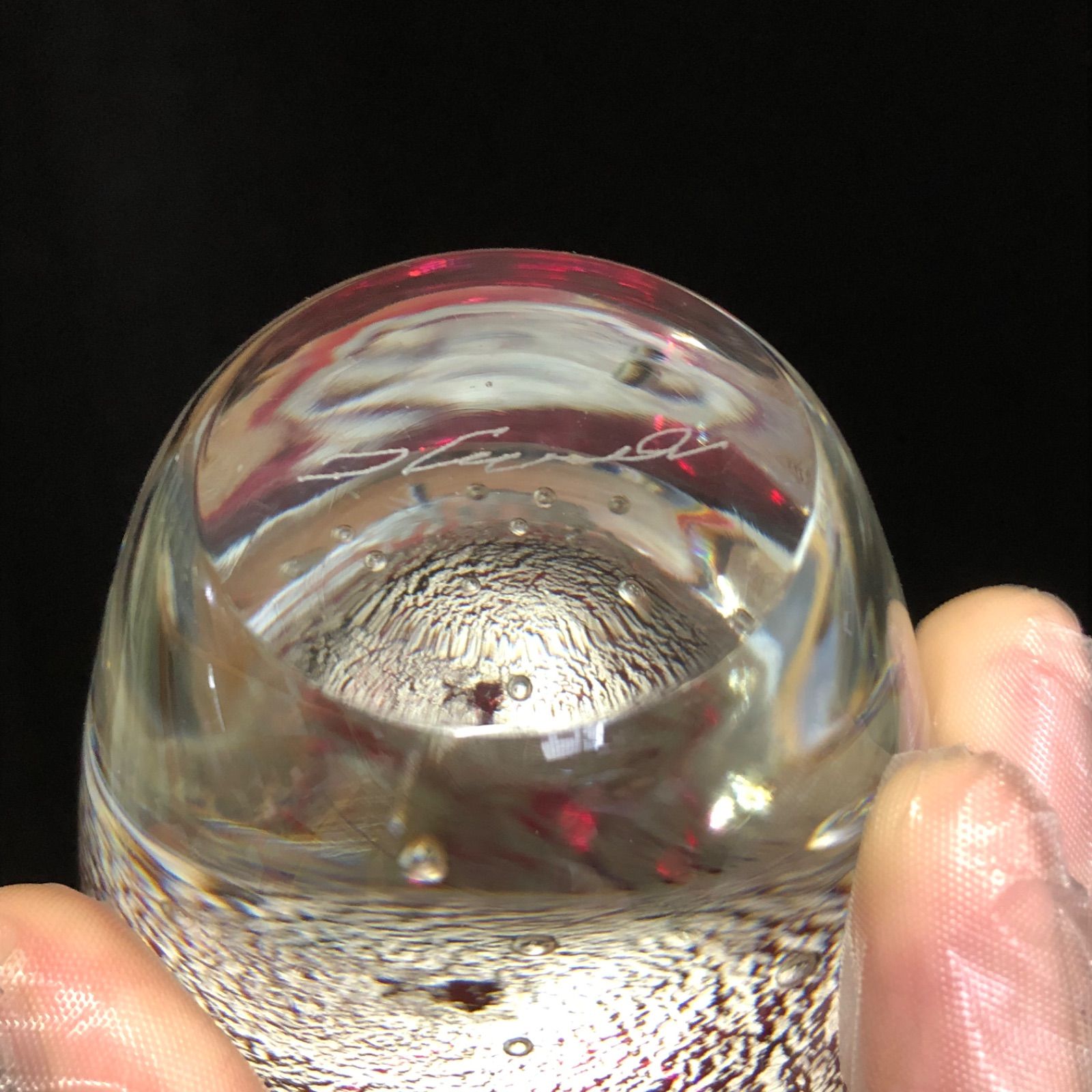 希少 黒木国昭 宙吹きガラス 銀彩気泡 花瓶 クリア 赤 一輪挿し 作家物