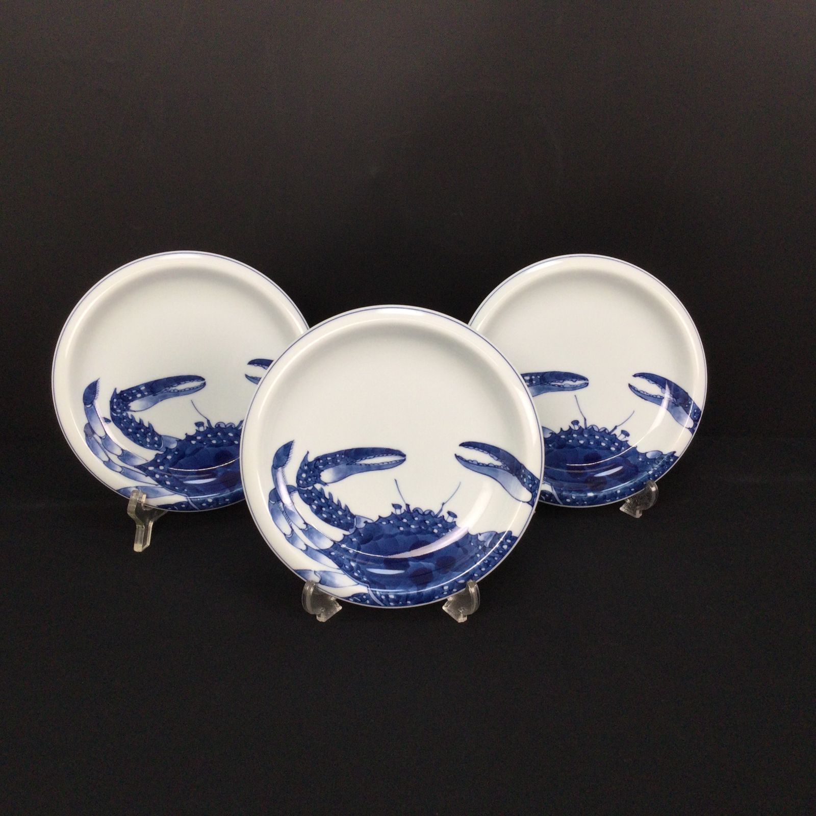 1410 有田焼 源右衛門 染付蟹絵 銘々皿 3枚セット 食器 工芸品 お皿