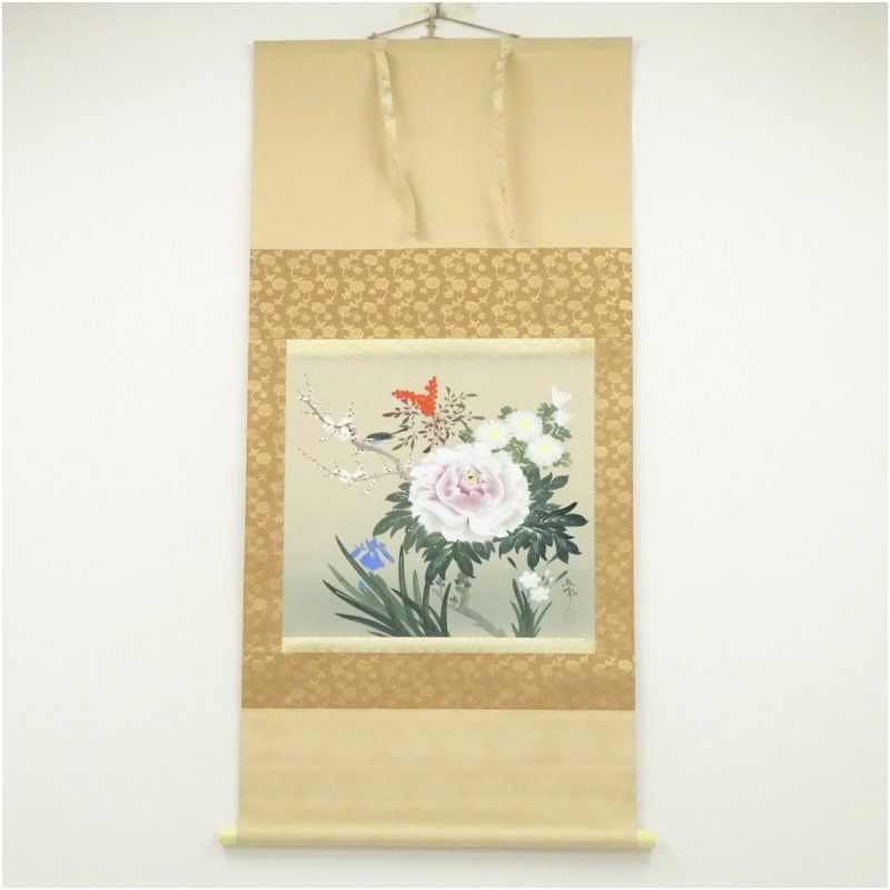 春峰筆 四季草花 肉筆絹本掛軸（共箱）掛け軸 床の間 書 おしゃれ 絵画