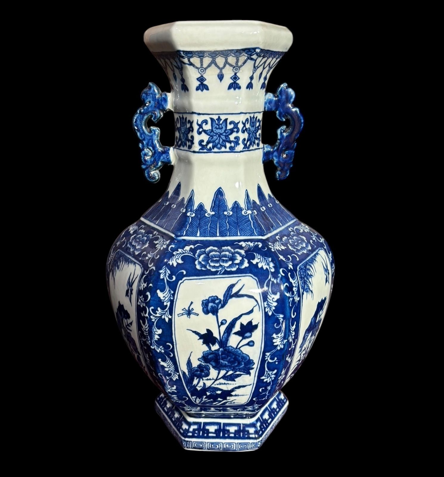 中国現地買付 六角壺 [鳥山水風景絵] 取手付き 中国雑貨 壺 フラワー