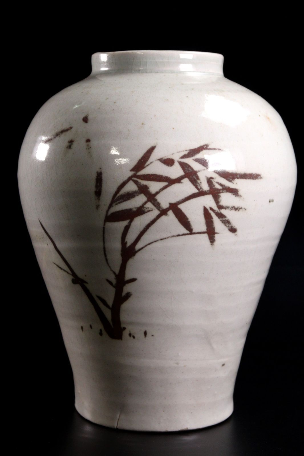 李朝時代 白磁製 鉄絵竹文花瓶 24.5cm 花器 花入 壷 朝鮮古陶 唐物
