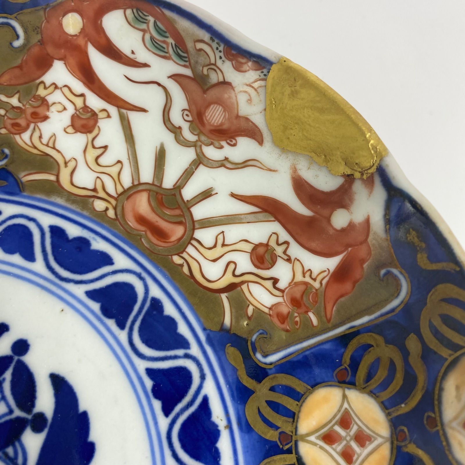 希少 古伊万里 長春富貴 印判 金継ぎ有 アンティーク色絵皿 ペア 骨董