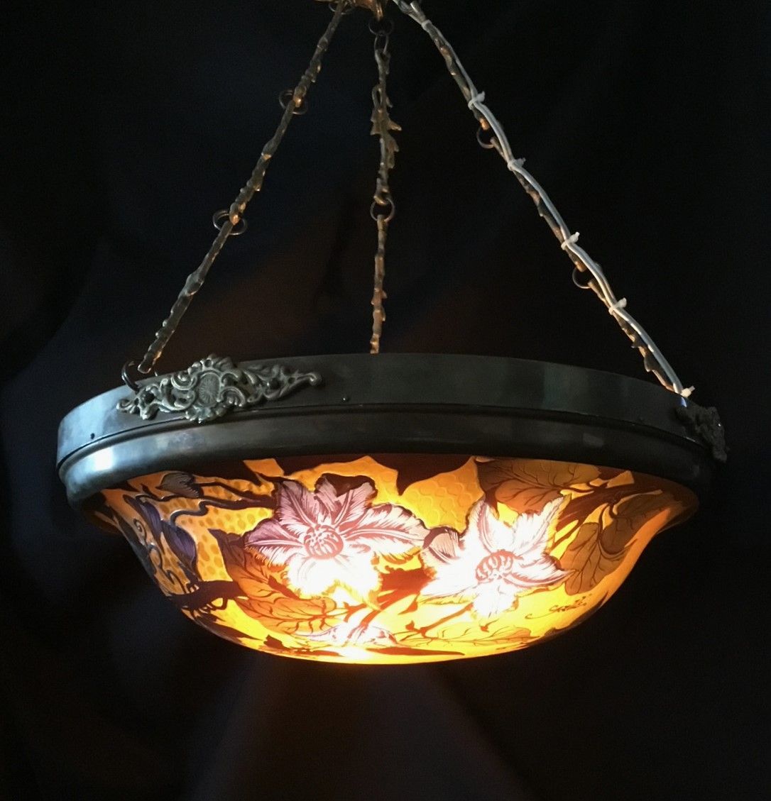 ガレ 天吊り型ランプ NO2（花文様）多層被せガラス ルーマニア（蘇る