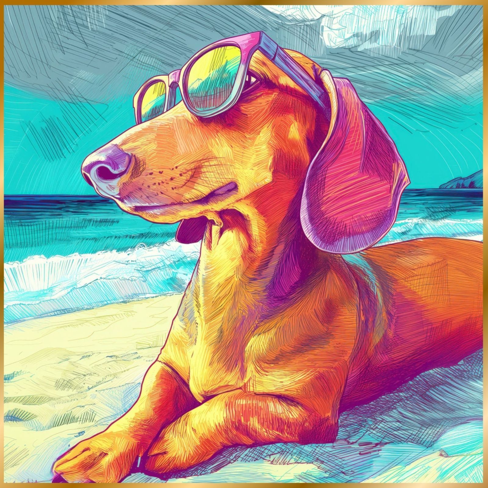 ダックスフンド犬とビーチのスケッチ No.3】ジークレー版画＊名入れOK