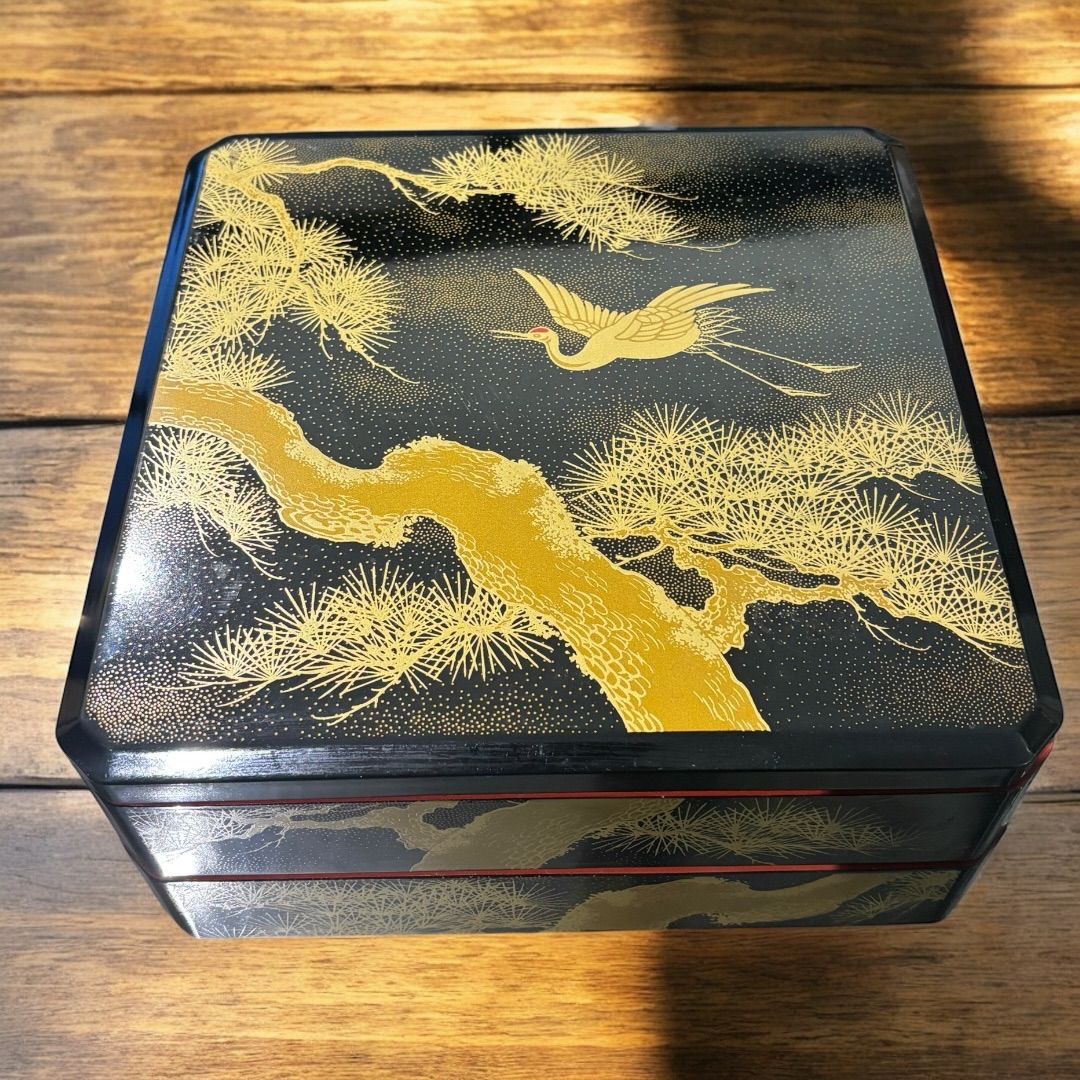 二段重箱 お重 蒔絵 縁起物 正月 鶴 松 天然木 昭和レトロ 会津塗 工芸