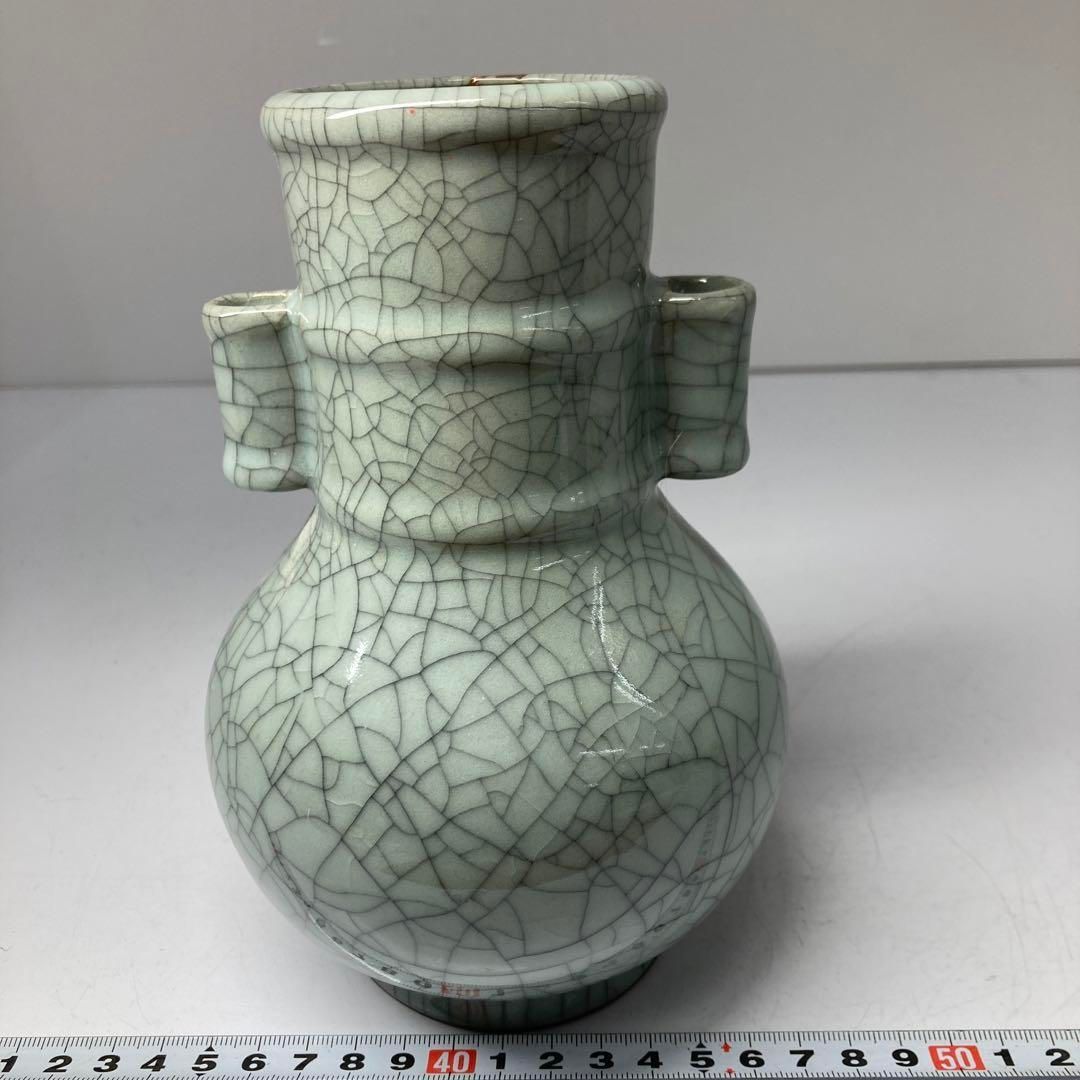 専用 中国古窯 哥窯青磁ひび焼き 花瓶 高さ14.8㎝ 東な7-0329☆2F