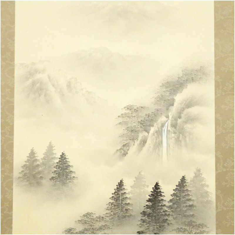 内田玉鳳筆 水墨山水 肉筆絹本掛軸（共箱） 掛け軸 床の間 書 おしゃれ