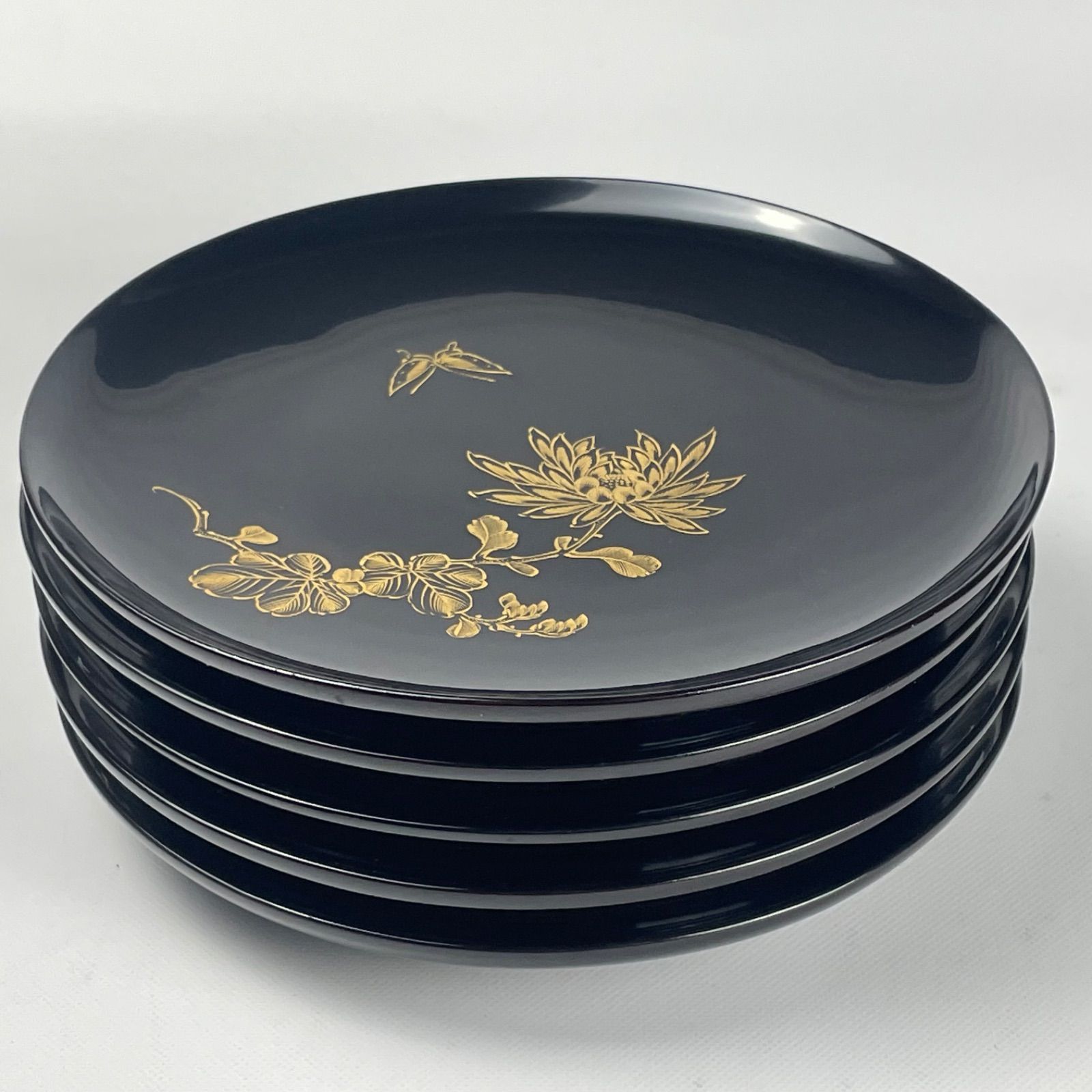 581 黒塗 沈金 輪島塗 骨董 アンティーク 木製本漆塗り 菓子盆 銘々皿