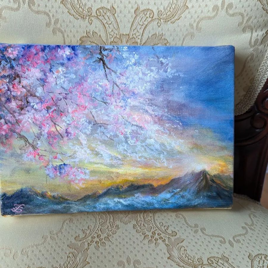 風景画 油絵 桜風景画【1点物】 画家本人出品 ファインアート 一点もの