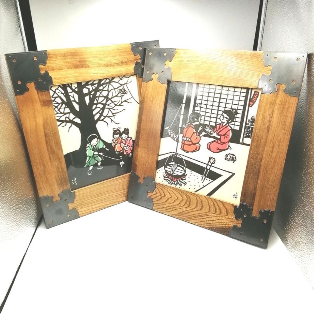 加納淳 切り絵 あやとり こままわし 額入り 2点セット 新品未使用