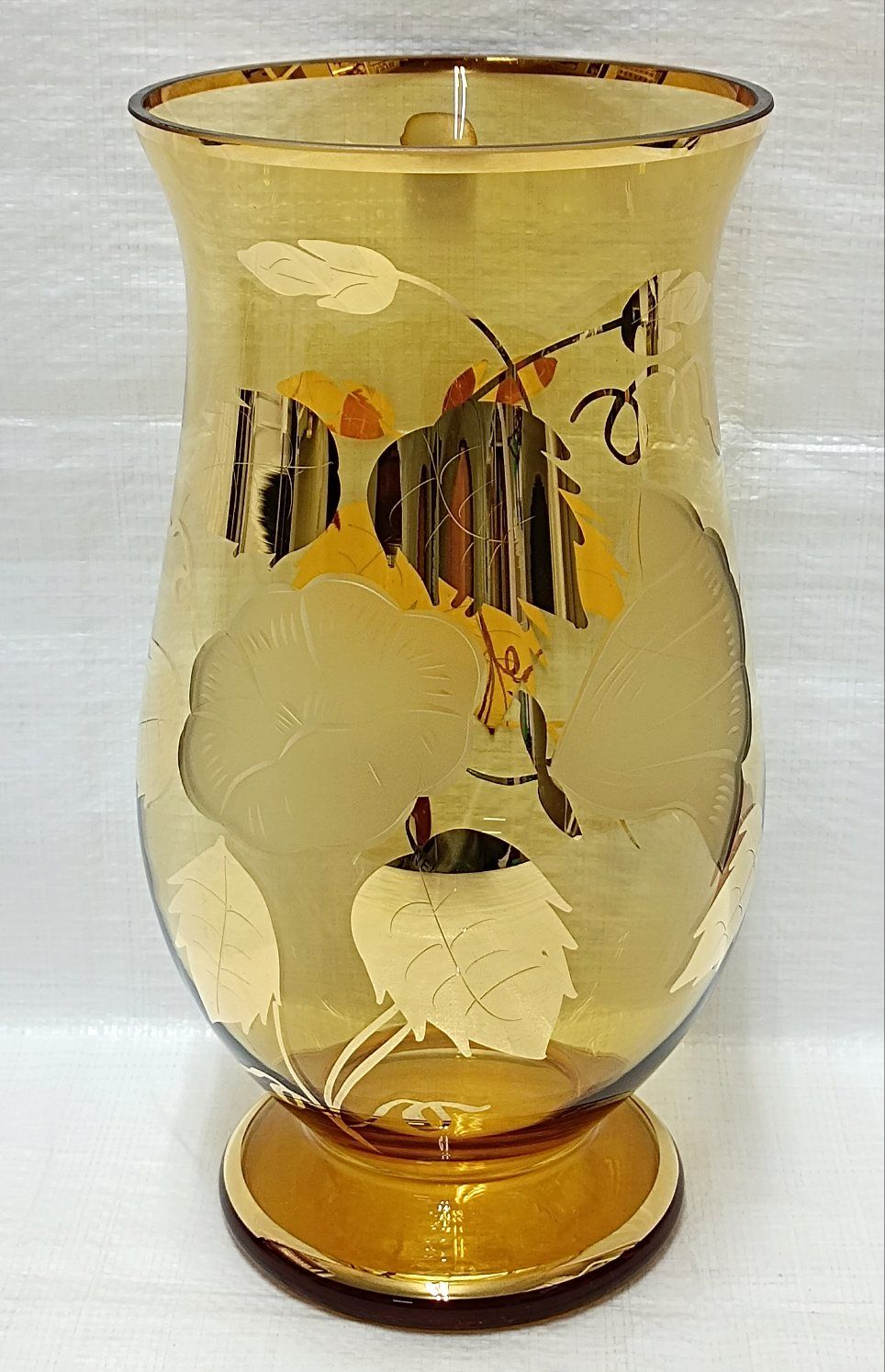 ボヘミアグラス 金彩花紋アンバー花瓶 フラワーベース チェコ製 美品