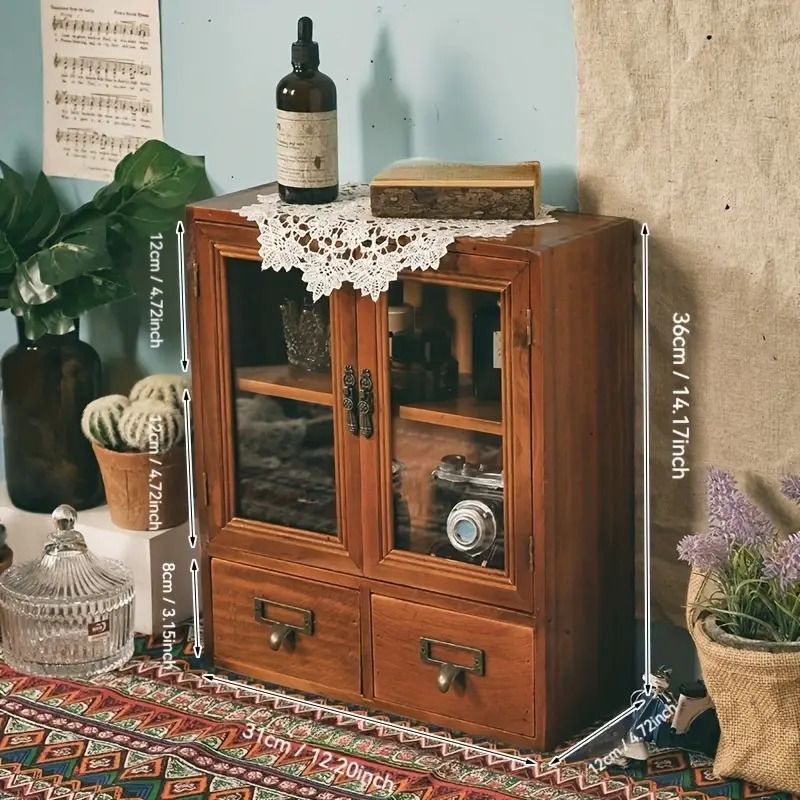 ビンテージ 昭和レトロ 木製三扉キャビネット ガラストップ付き 昭和