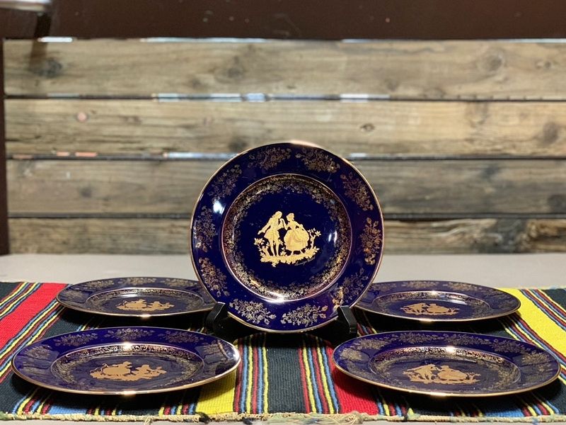 リモージュ 皿 プレート 5枚 LIMOGES CASTEL ケーキ皿 金彩 コバルト