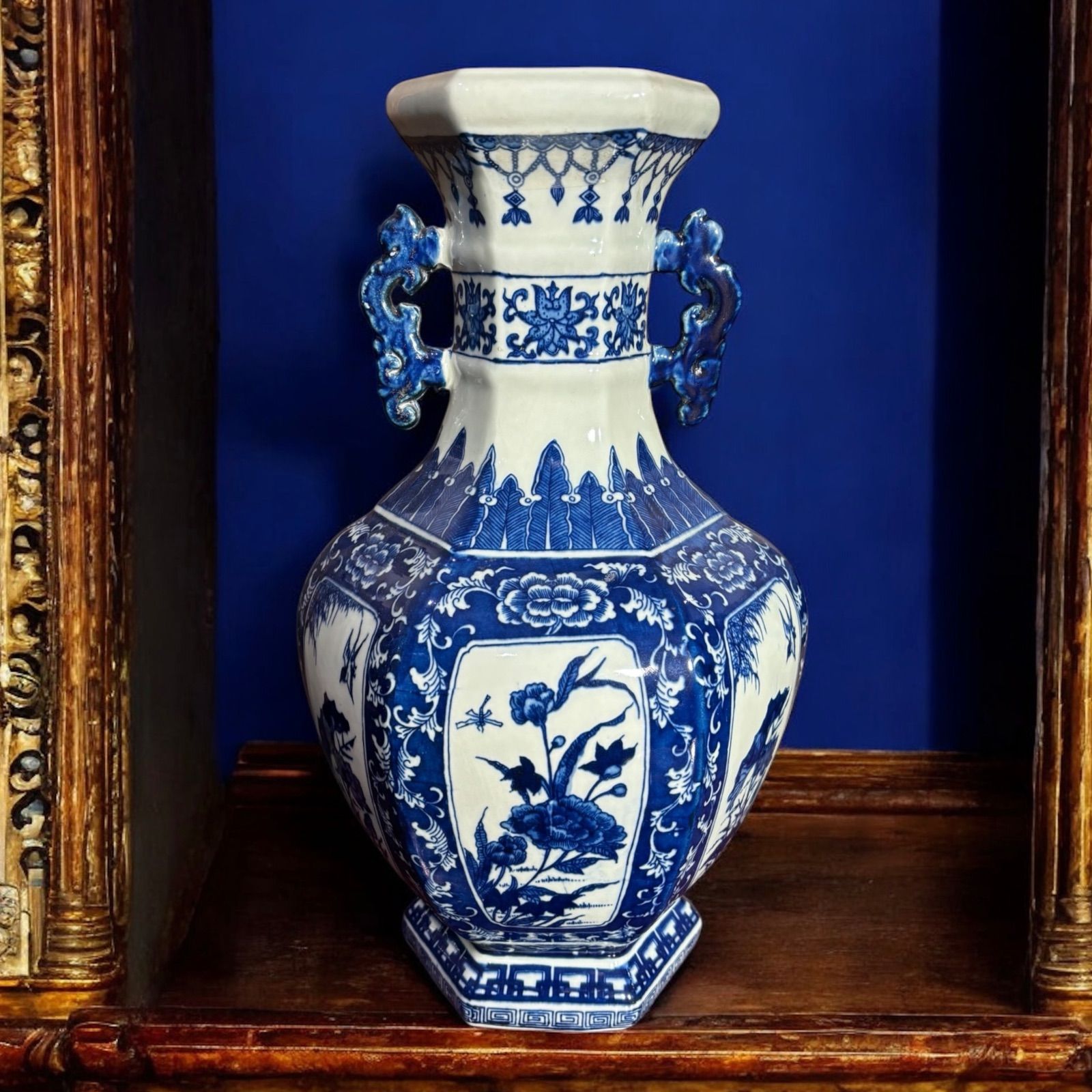 中国現地買付 六角壺 [鳥山水風景絵] 取手付き 中国雑貨 壺 フラワー