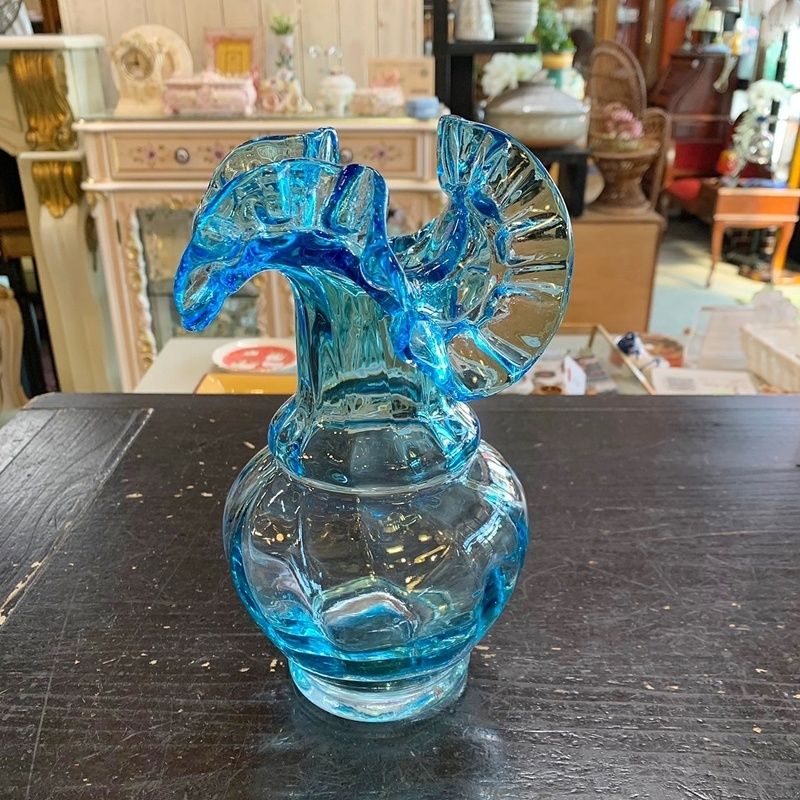 レトロ 花瓶 水色 高さ約22cm ガラスビン フリル フラワーベース