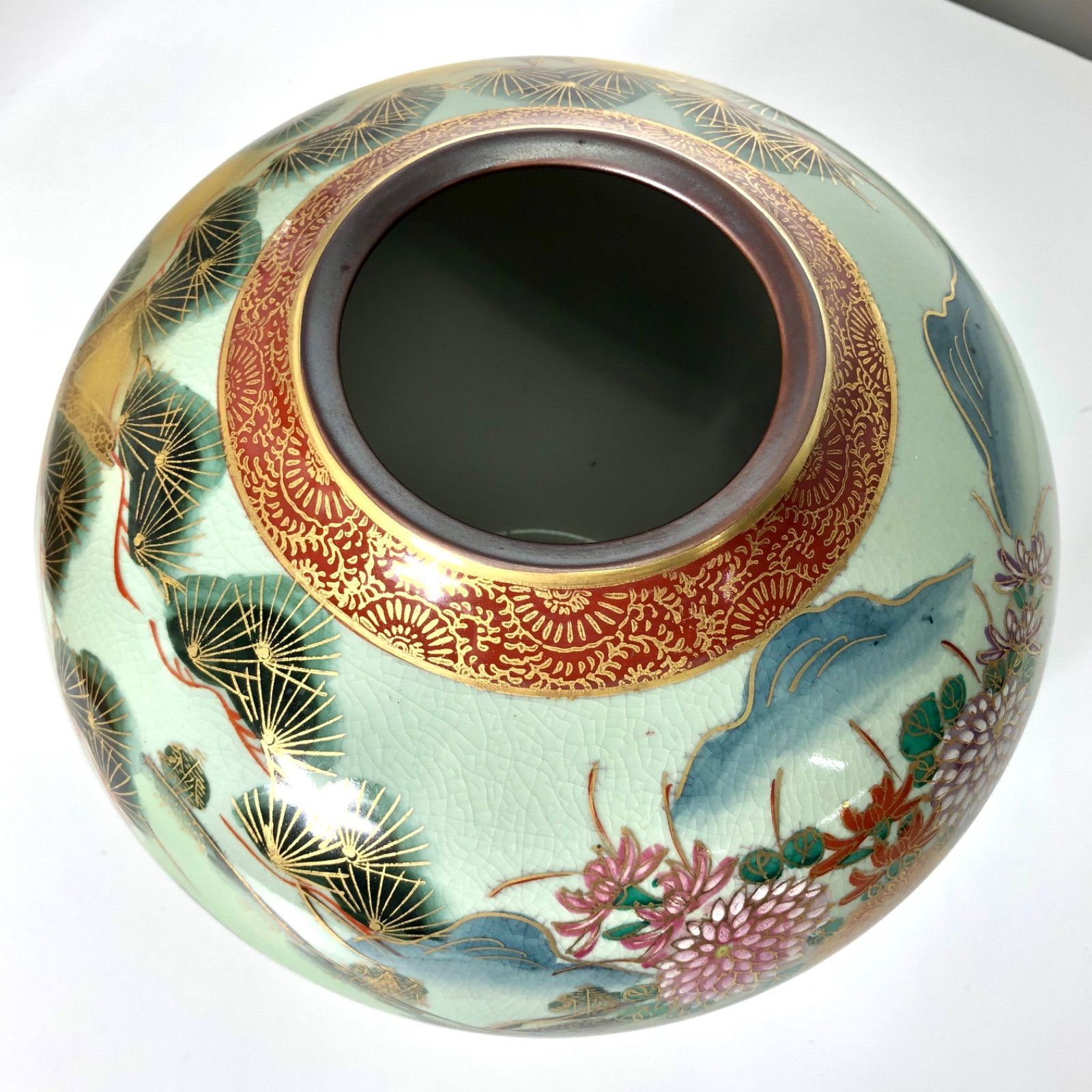 ①九谷焼 天山窯 花瓶 九谷天山 花器 壺 色絵 金彩 大花瓶 花入 共箱