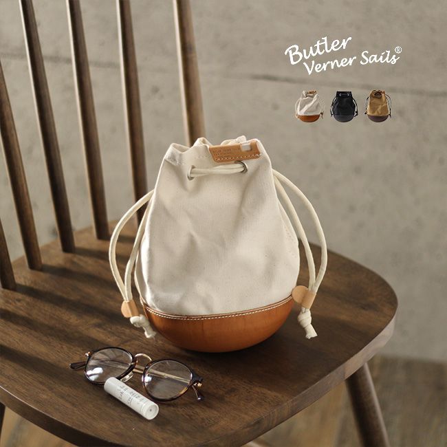 ベージュ】Butler Verner Sails モールドレザー巾着ショルダー(巾着
