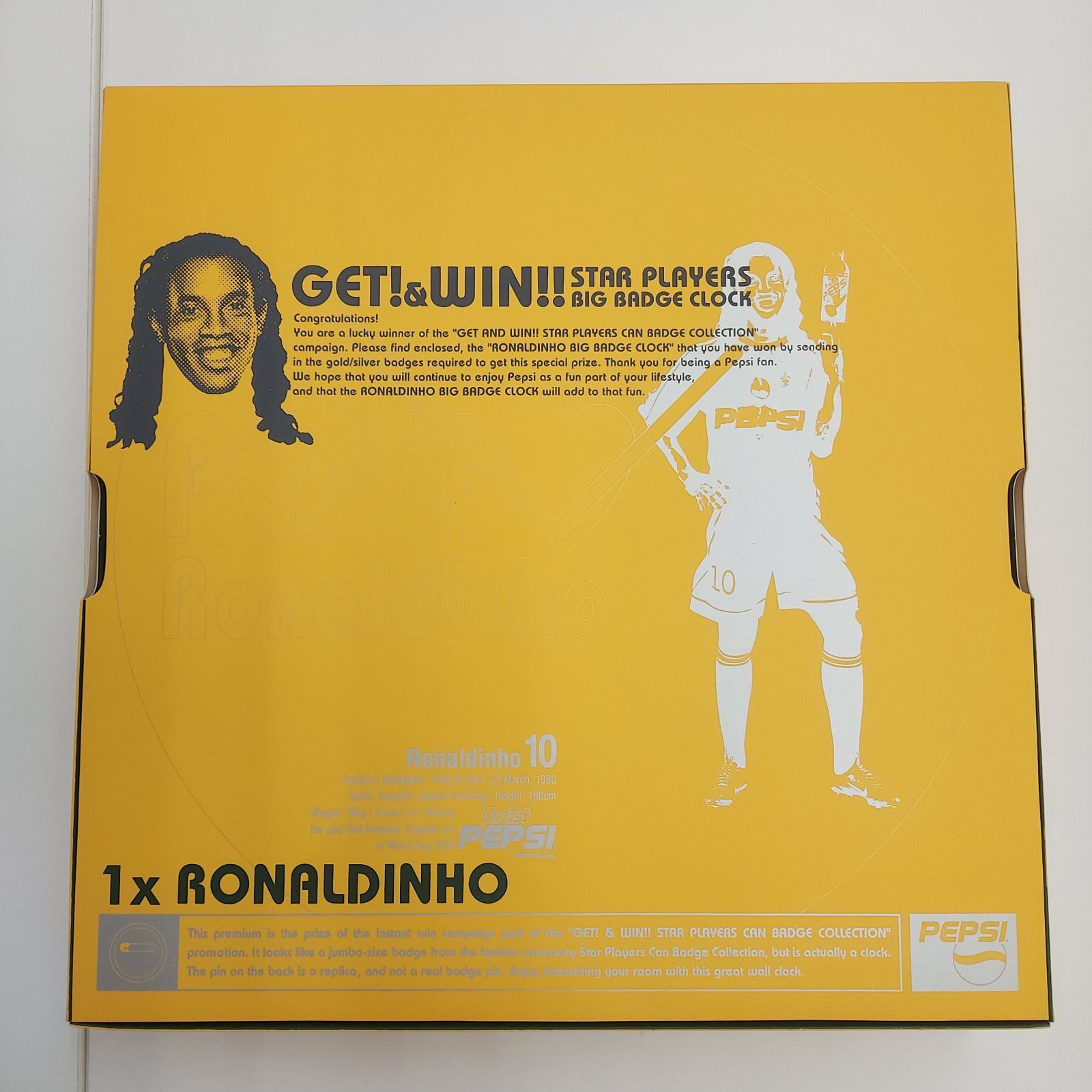 希少】非売品 ペプシ ビッグバッジクロック ロナウジーニョ 缶バッチ型