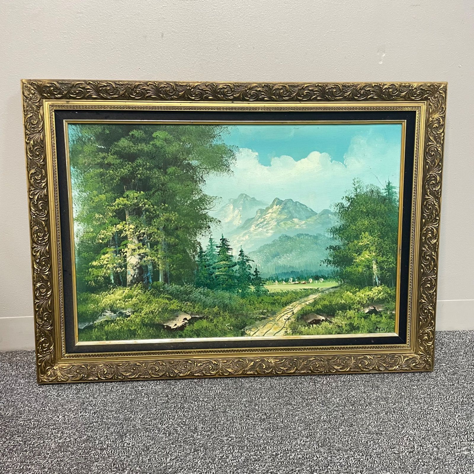 絵画額付( 青緑＋金色の枠) 油絵人物F4-081914女の子影遊び