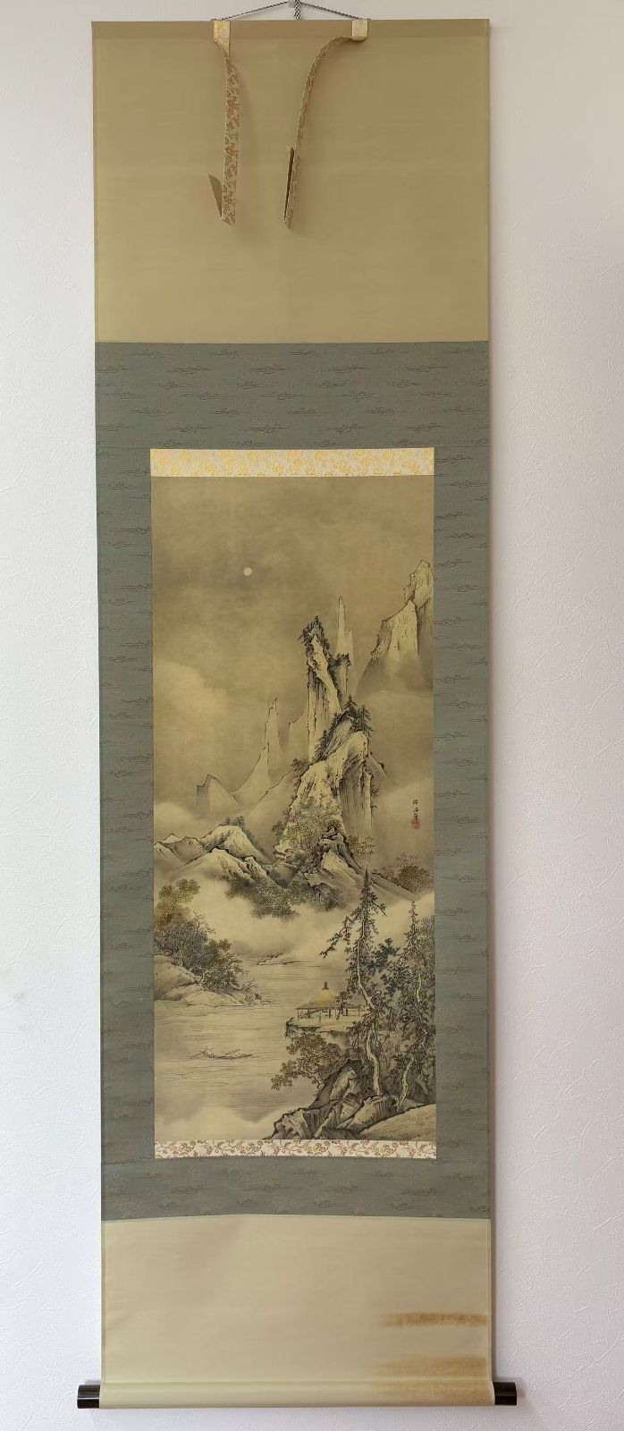 狩野 芳崖筆 月夜山水図 石版画軸装 200部の内第187部 掛軸 箱付き