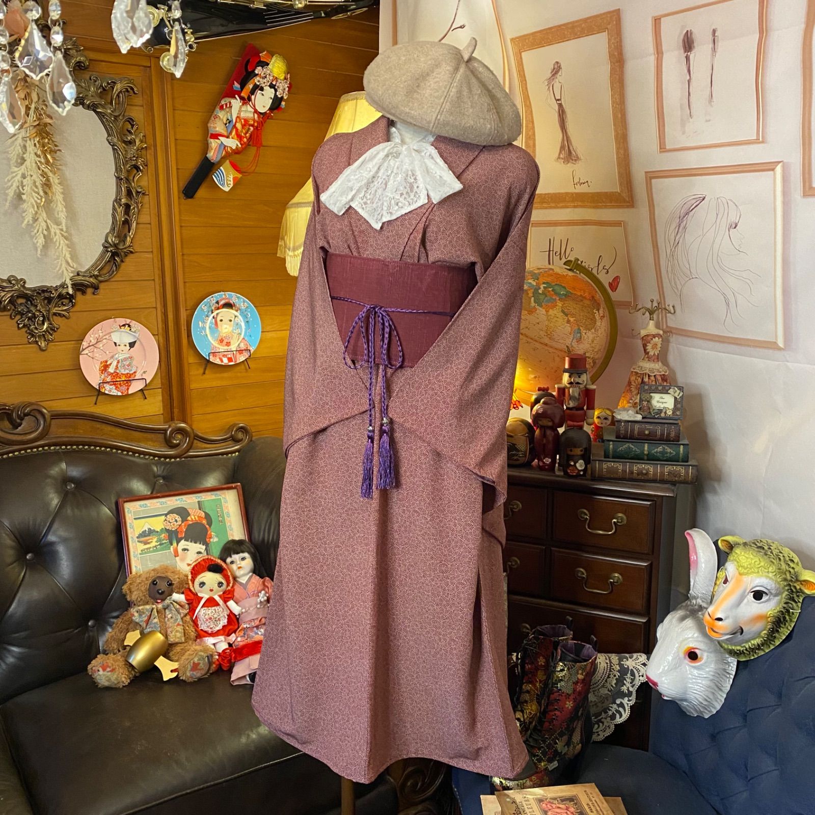 和洋折衷 着物 リメイク ワンピース ドレス 洗える 化繊 帯サッシュ