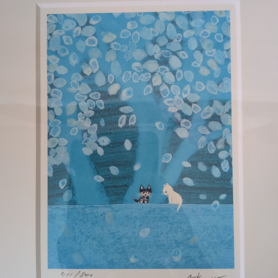 限定版800部 渡辺あきお ダイヤモンドスクリーン版画 猫2匹 サイン