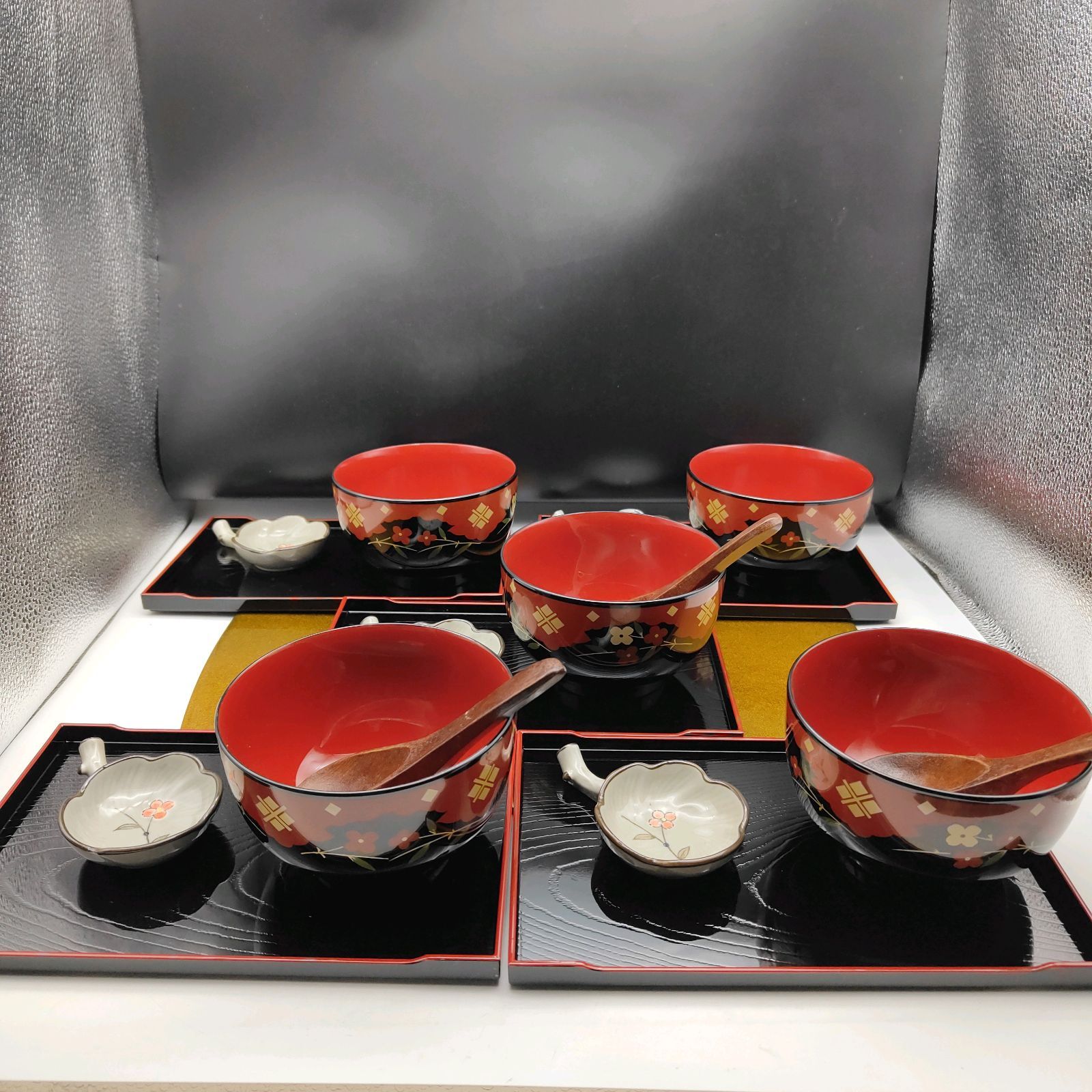 山中漆器 秀衡塗文 どっしり椀 角盆 小皿 5客セット レンゲ3本付 S274