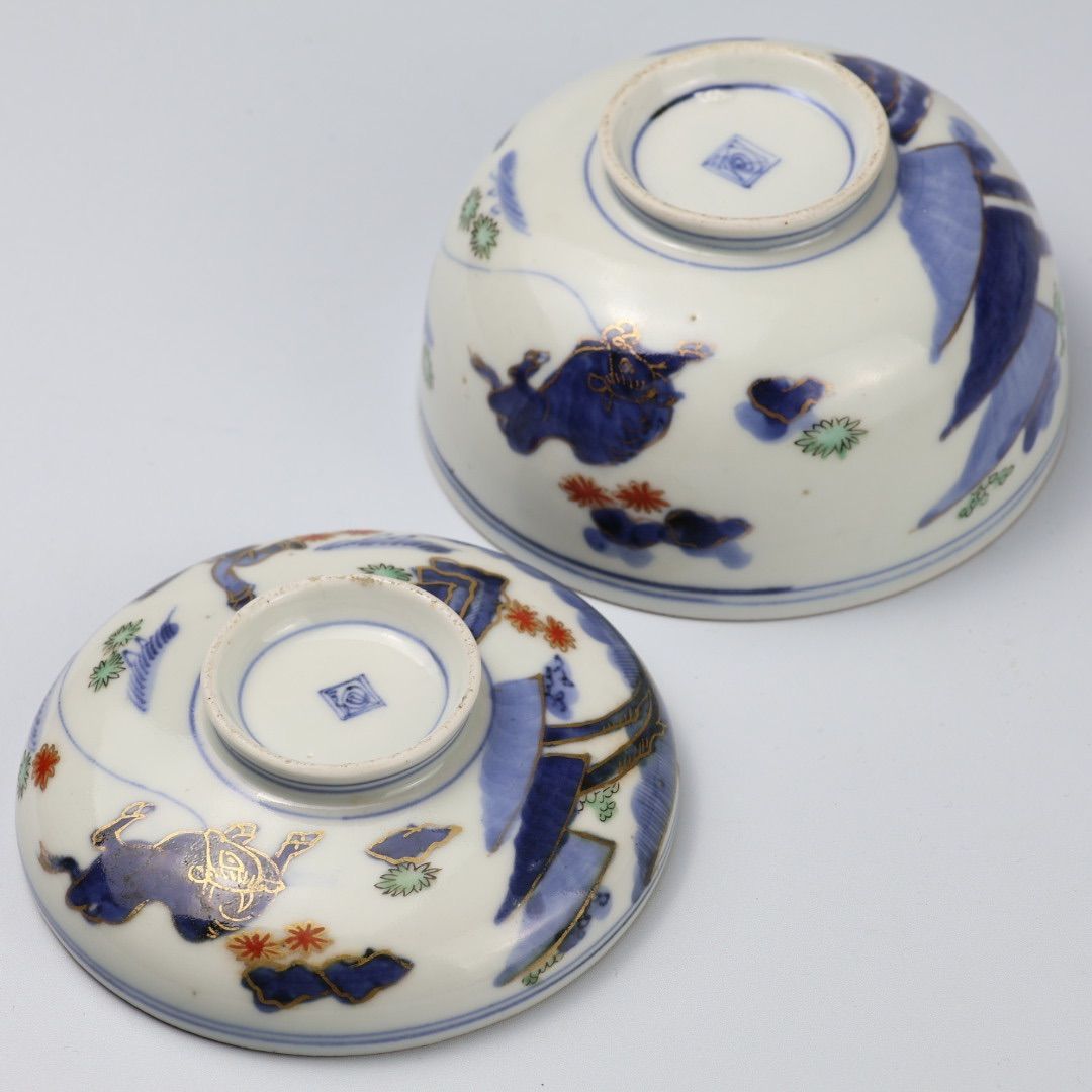 314 色絵 染付 唐子 牛 古伊万里 伊万里焼 骨董 アンティーク 飯茶碗