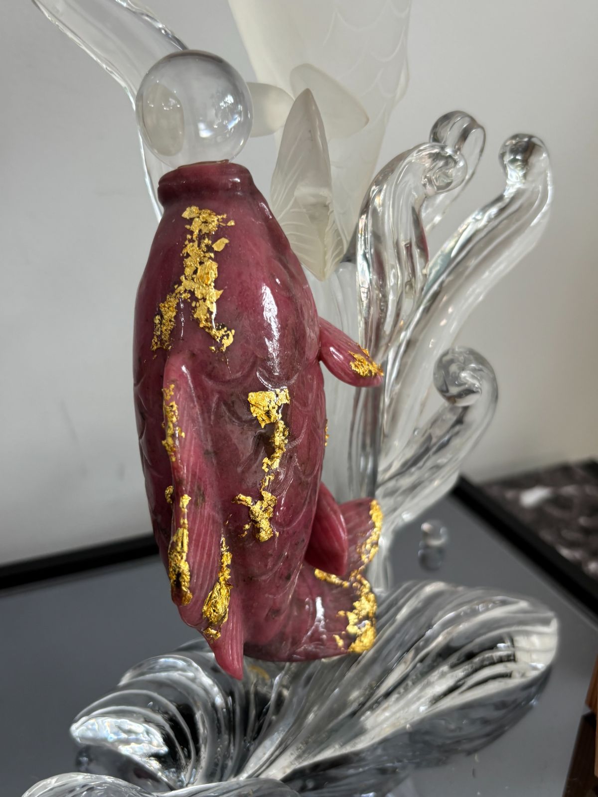 まつ様 専用』 美品 天然水晶工芸品「登竜門」鯉の滝登り 龍 日本伝統