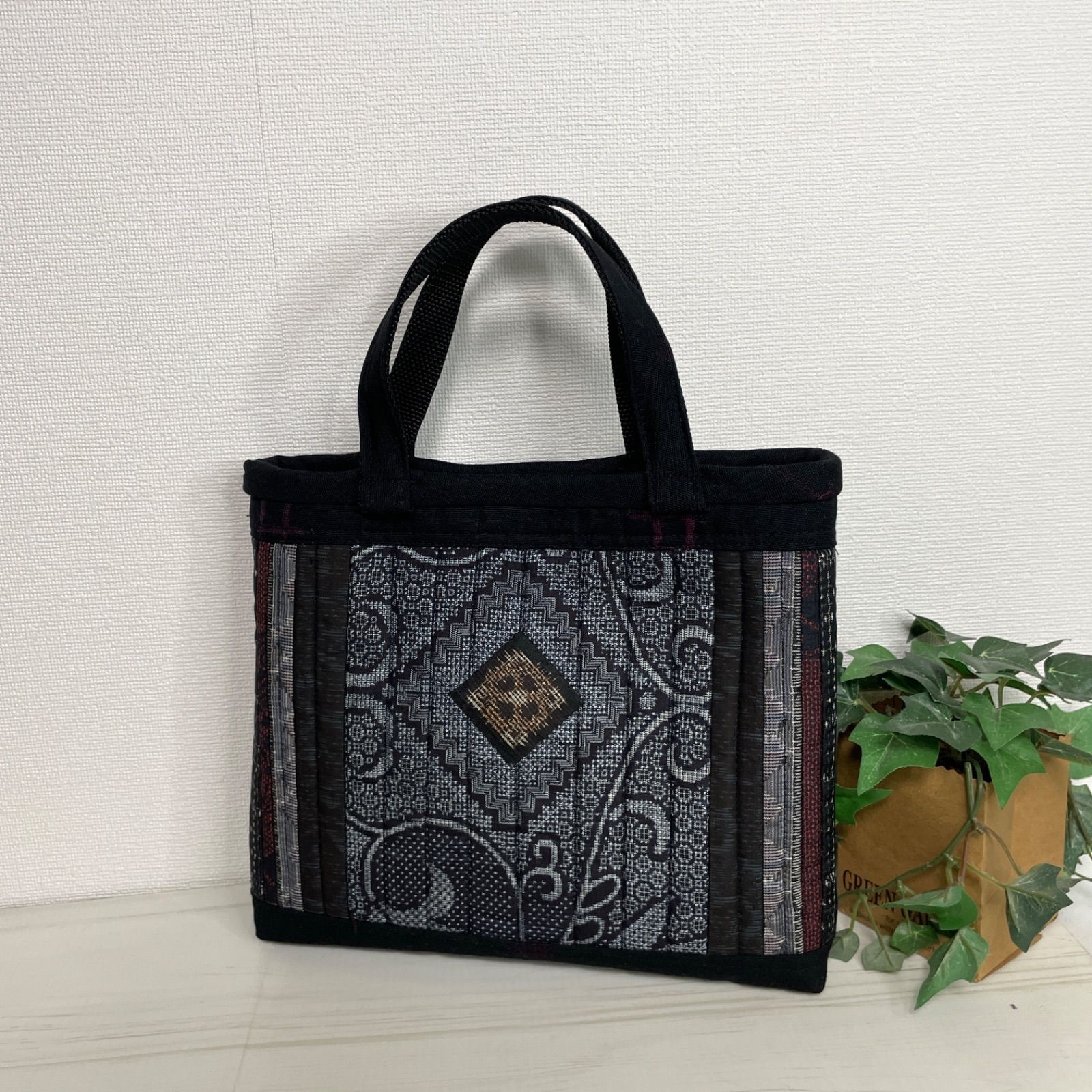 ハンドメイド 着物リメイクリメイクトートバッグ 大島紬 小さめ 4