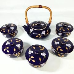 香蘭社 瑠璃 金彩色薔薇文 急須1個 蓋付湯呑み5客 茶器 《NO 01195