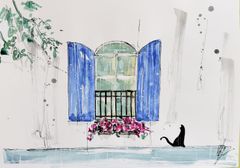 原画#383 黒猫 猫 窓 雨 フランス 水彩画 ドローイング インテリア