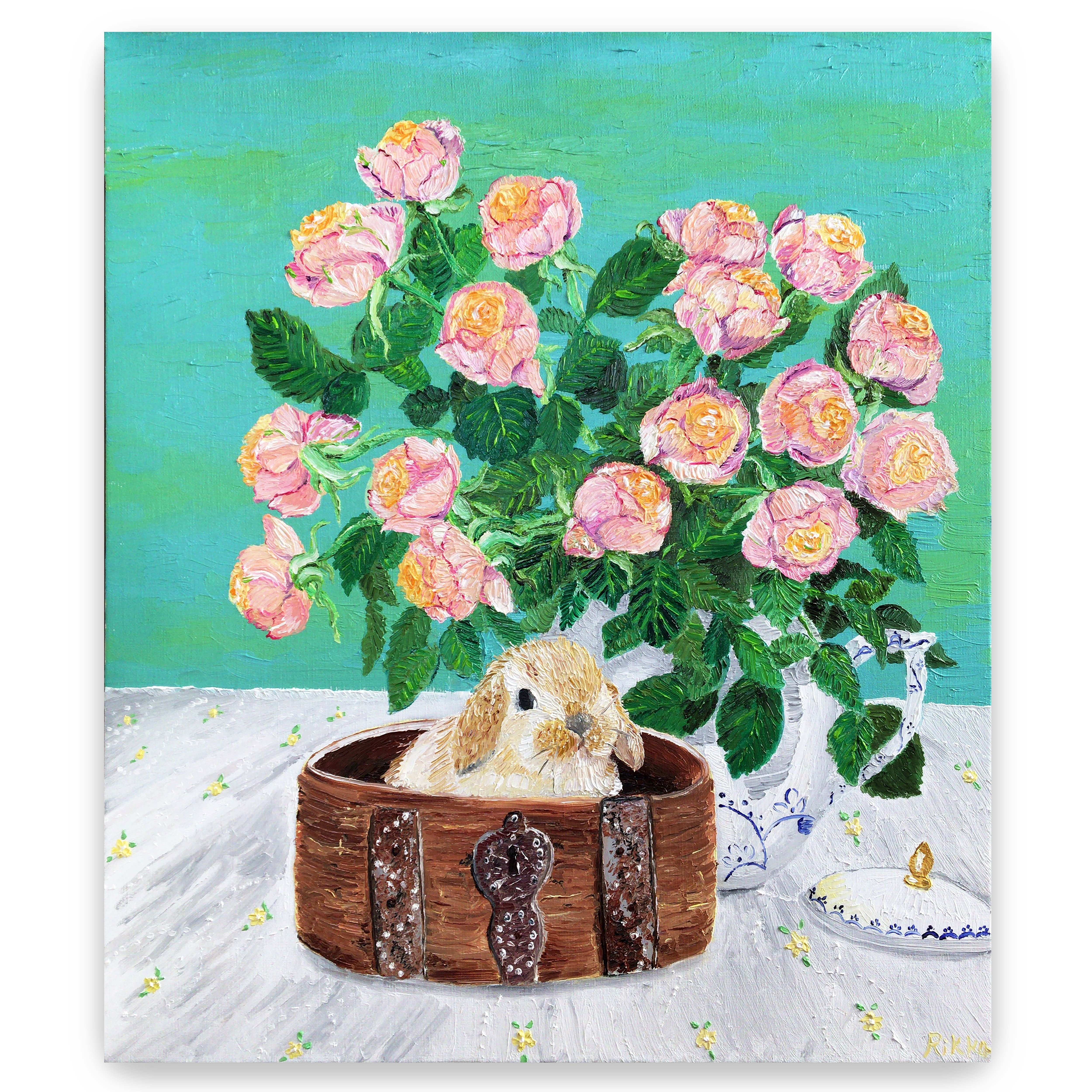 油彩画「バラと仔ウサギ」を描きました|芸術 絵画｜雨星立夏 Rikka