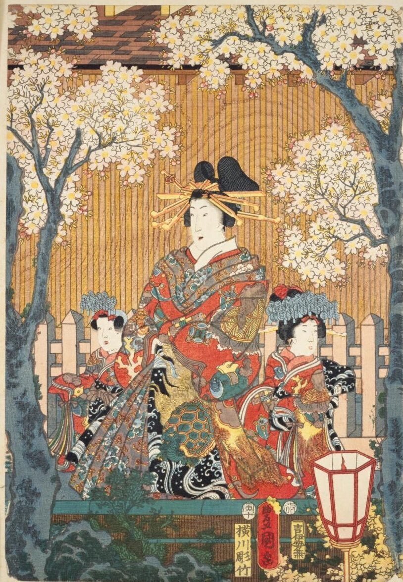 廓中東雲」−暗い中の桜はお休み中の遊女と重ねて–『名所江戸百景
