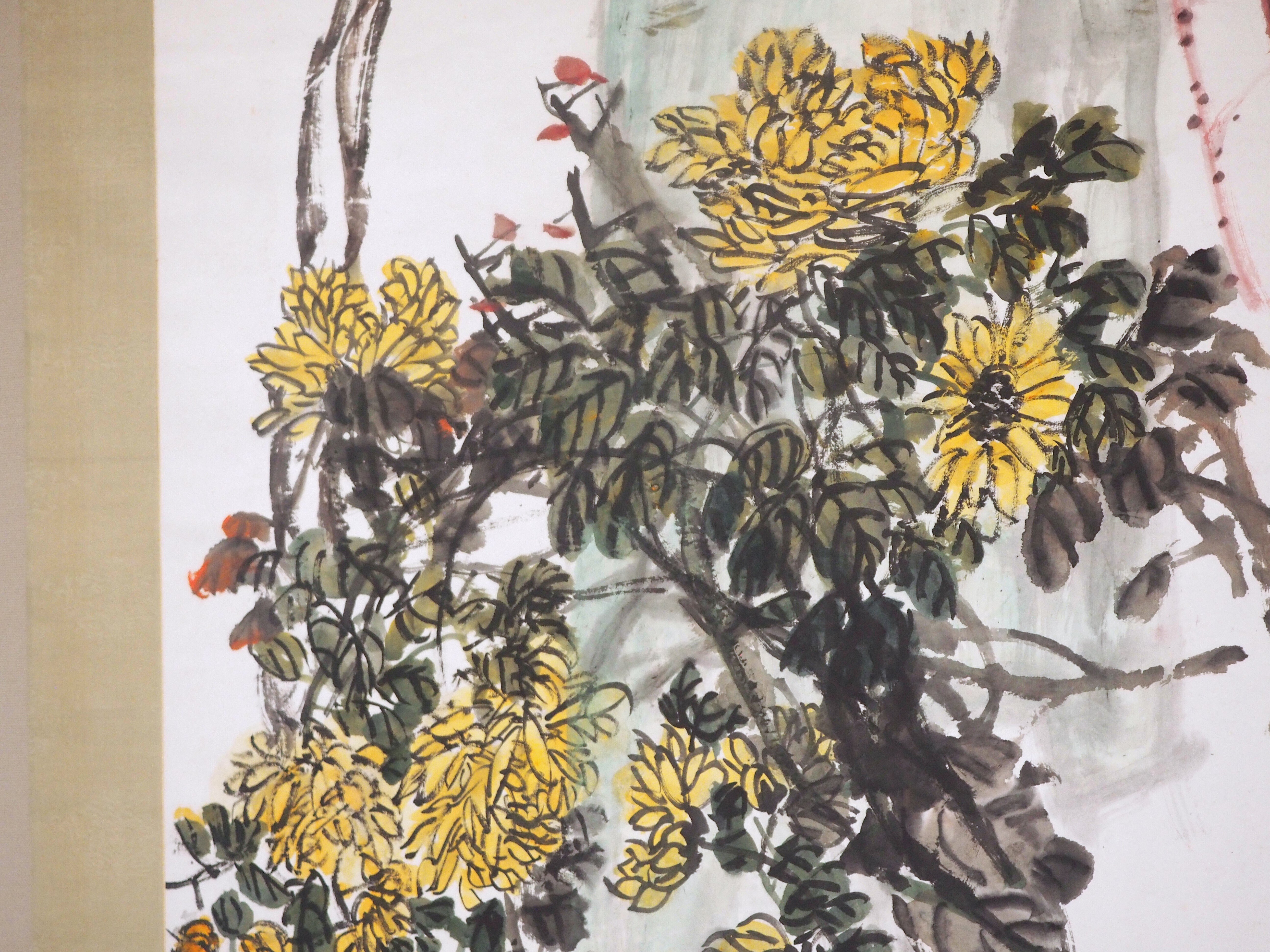 呉俊卿 花鳥画 紙本134×32.5㎝ 呉昌碩とも言い清朝末期から近代にかけ